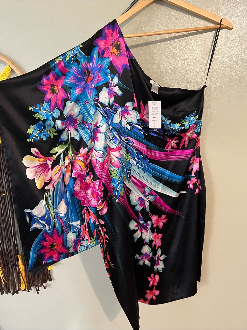 Cache Vintage Y2K Black Floral Silk One-Shoulder Mini  Dress L NWT